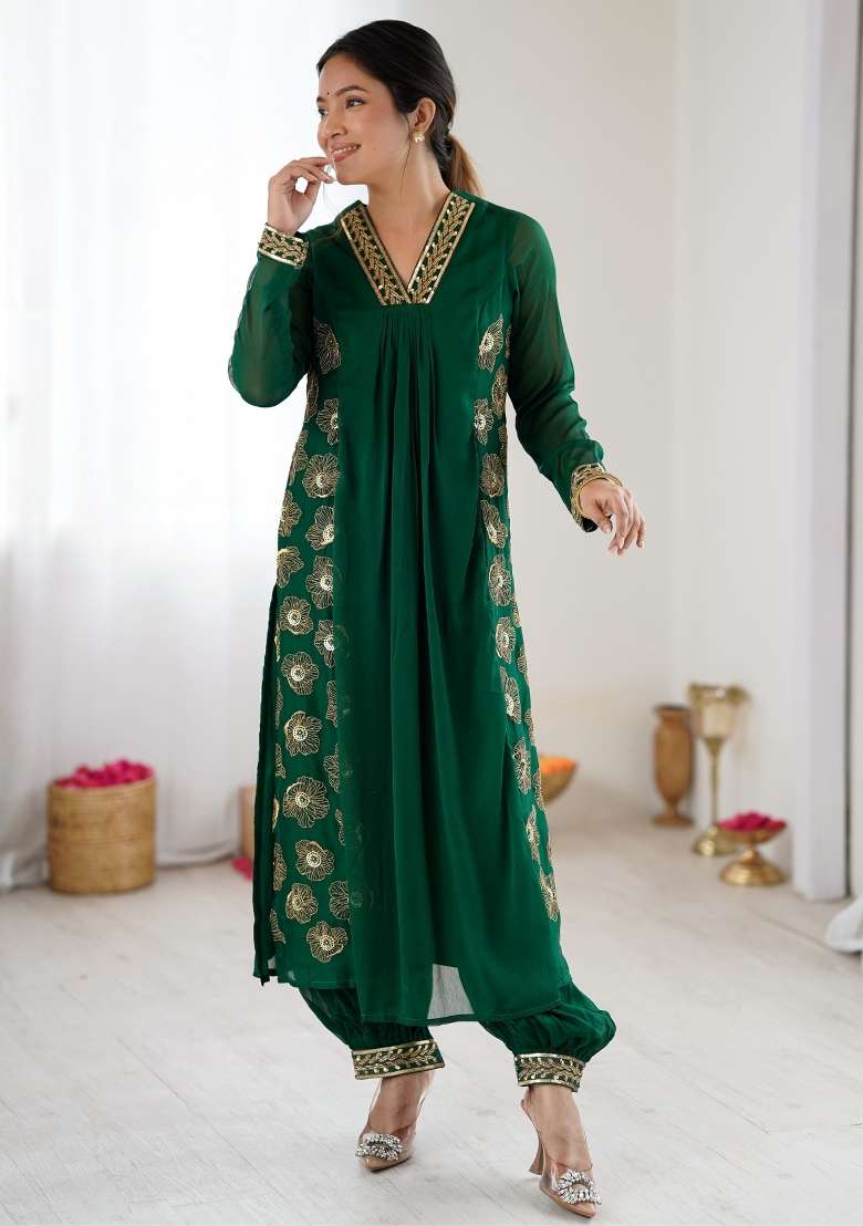 Dark Green Embroidered Georgette Kurta Set - Indya