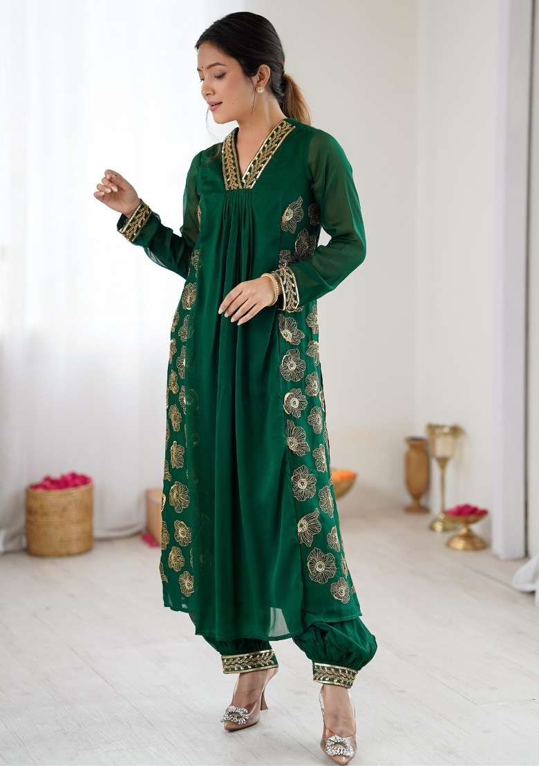 Dark Green Embroidered Georgette Kurta Set - Indya