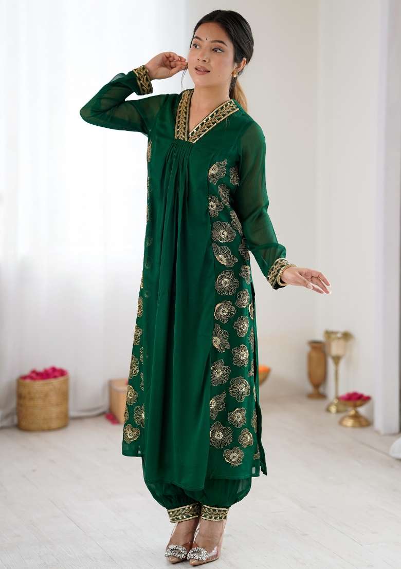 Dark Green Embroidered Georgette Kurta Set - Indya