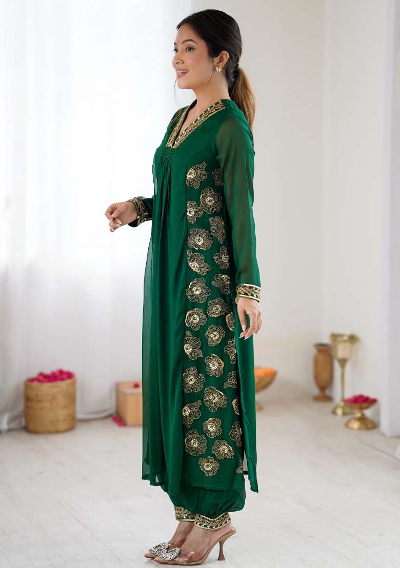 Dark Green Embroidered Georgette Kurta Set - Indya
