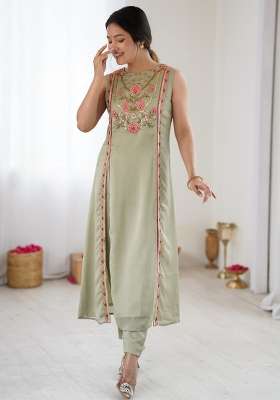 Pista Green Embroidered Georgette Kurta Set