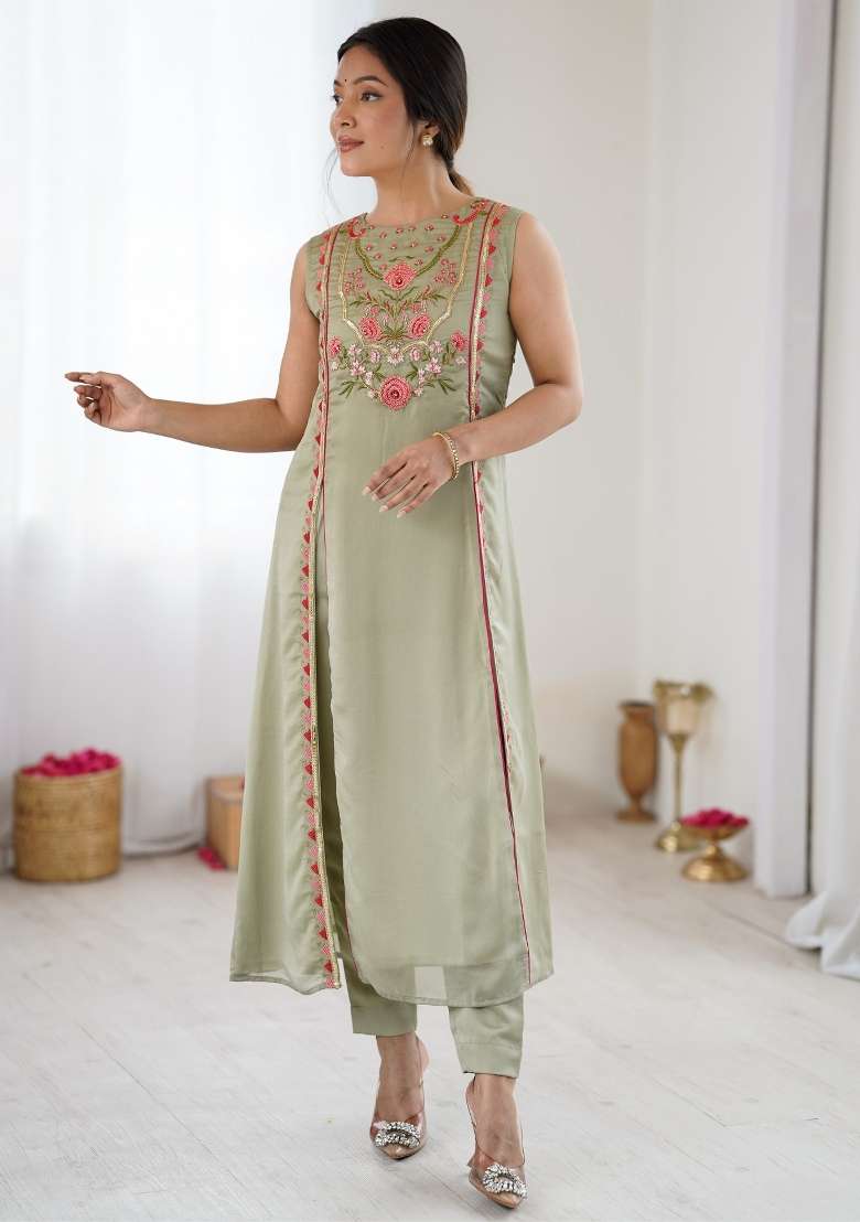 Pista Green Embroidered Georgette Kurta Set - Indya