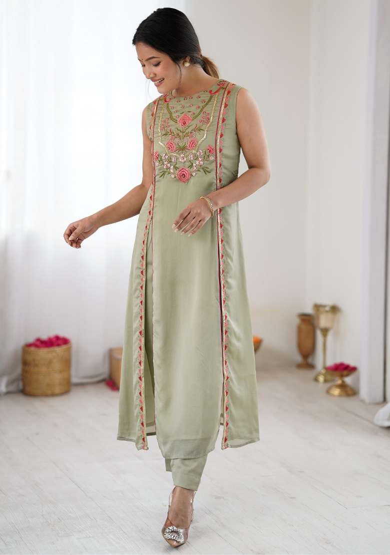 Pista Green Embroidered Georgette Kurta Set - Indya