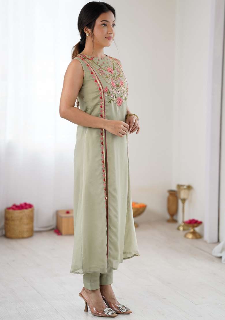 Pista Green Embroidered Georgette Kurta Set - Indya