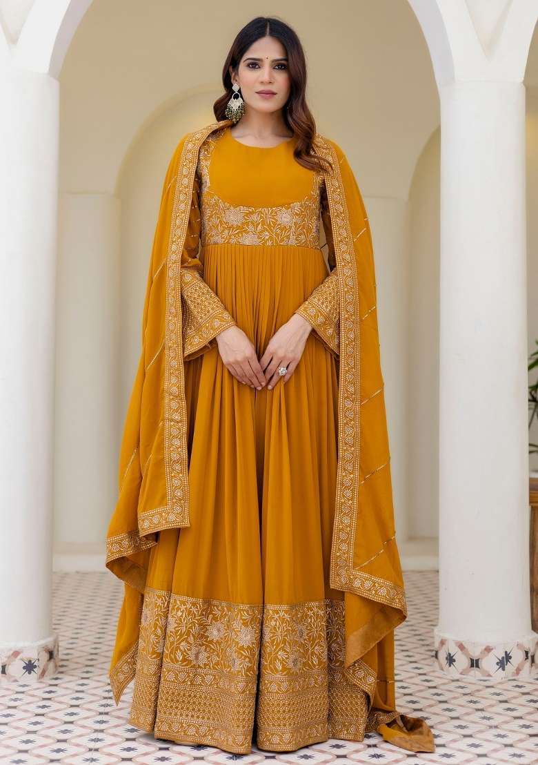Mustard Zari Work Georgette Gown With Dupatta - Indya