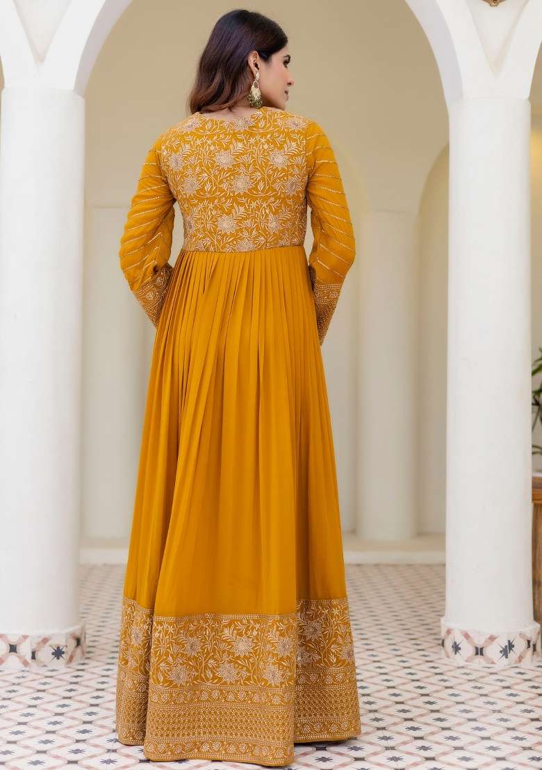 Mustard Zari Work Georgette Gown With Dupatta - Indya