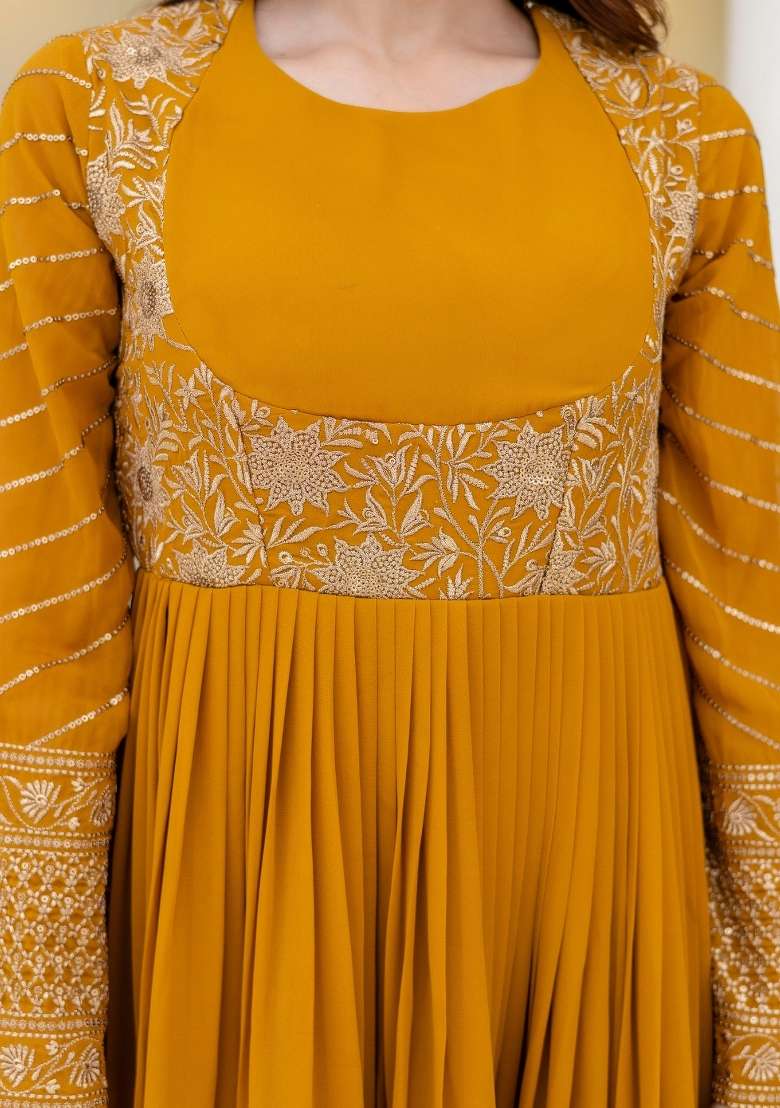 Mustard Zari Work Georgette Gown With Dupatta - Indya
