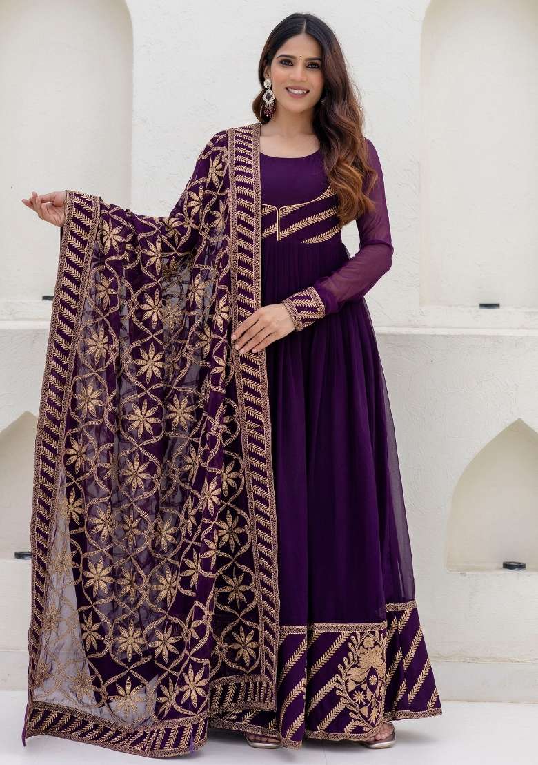 Purple Zari Work Georgette Gown With Dupatta - Indya
