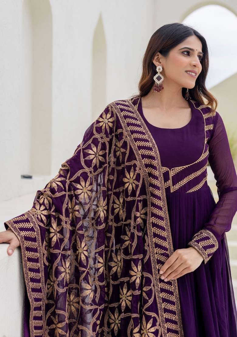Purple Zari Work Georgette Gown With Dupatta - Indya
