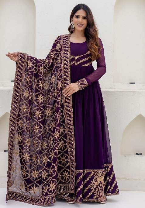 Purple Zari Work Georgette Gown With Dupatta