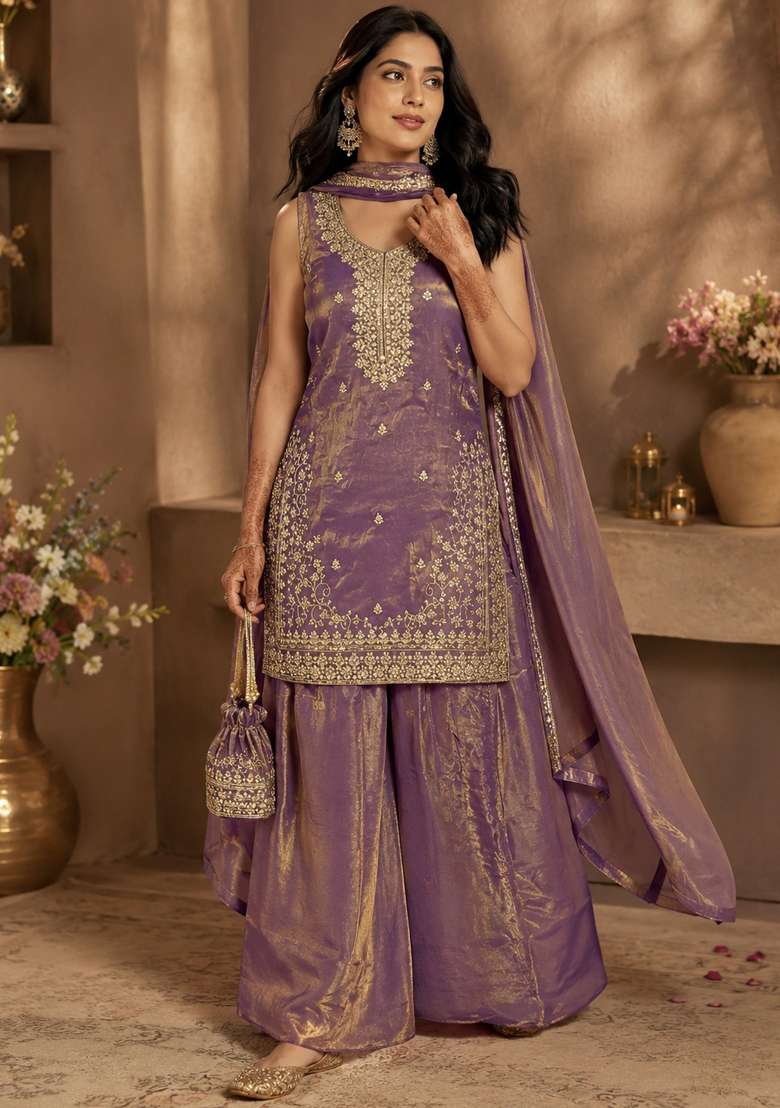 Purple Thread Work Silk Kurta Set - Indya