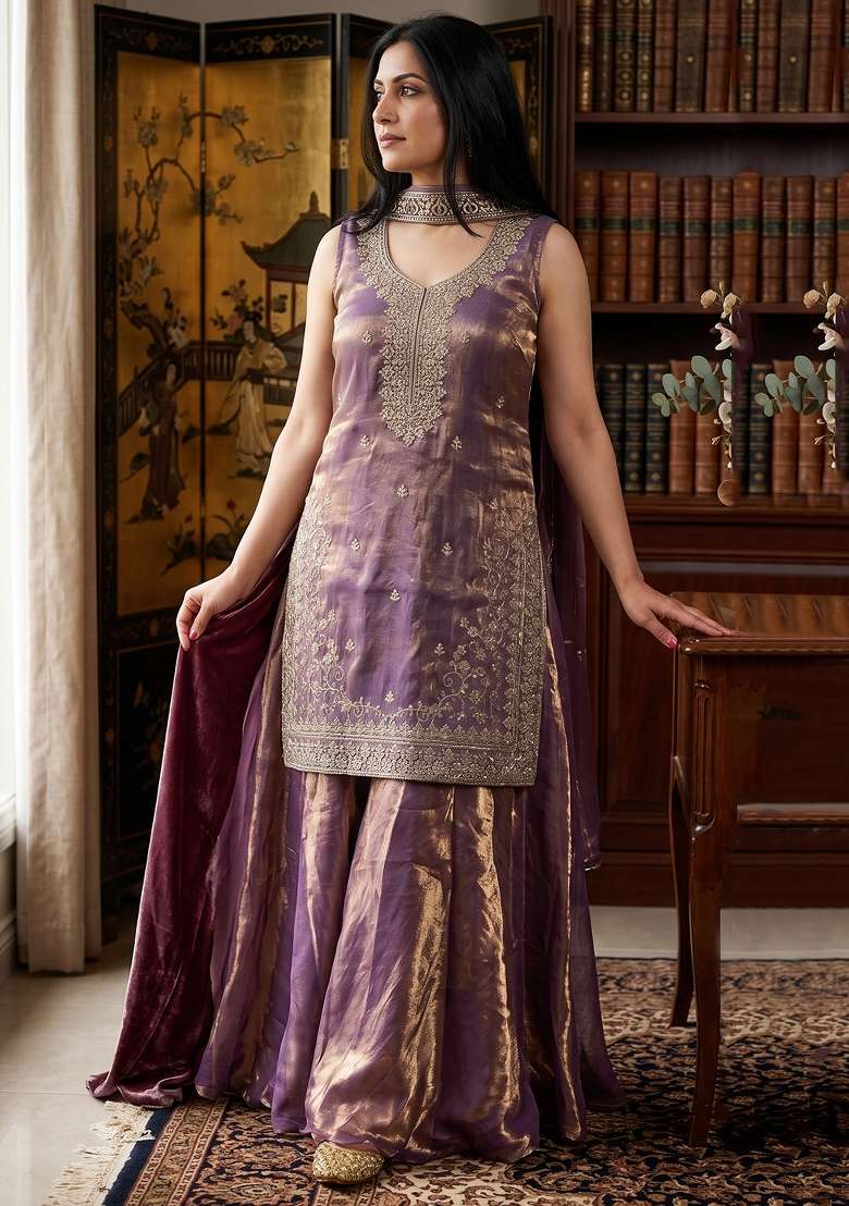 Purple Thread Work Silk Kurta Set - Indya