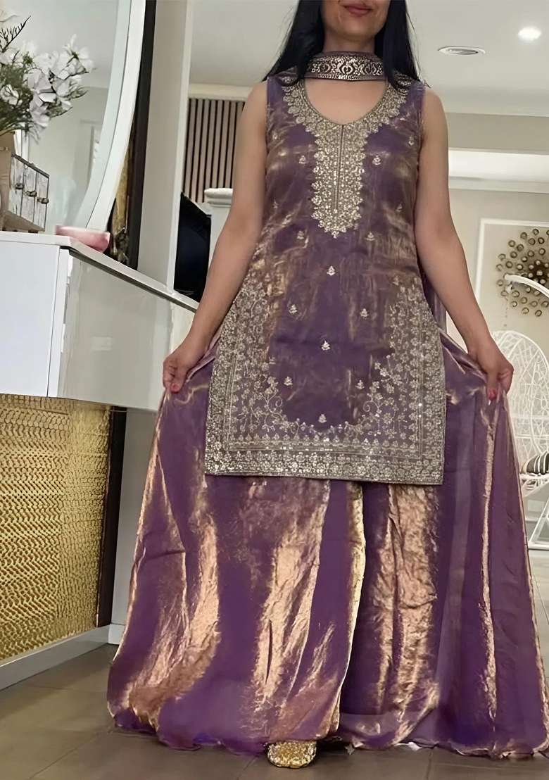 Purple Thread Work Silk Kurta Set - Indya