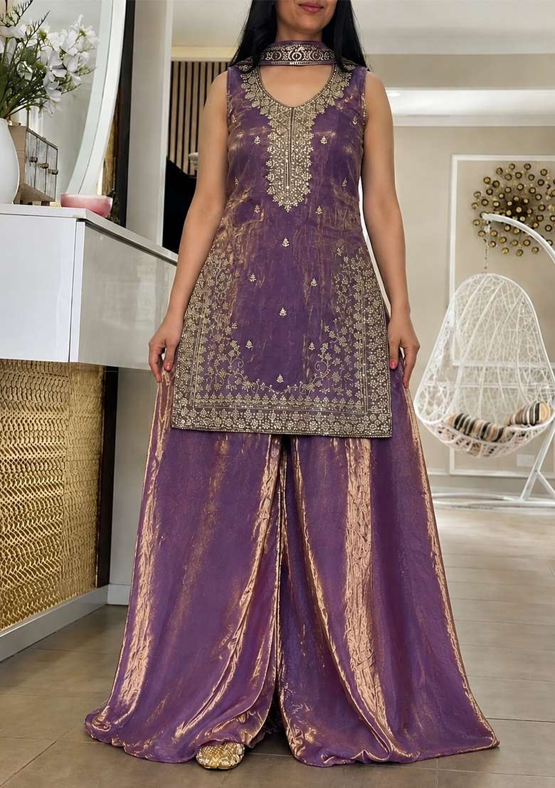 Purple Thread Work Silk Kurta Set - Indya