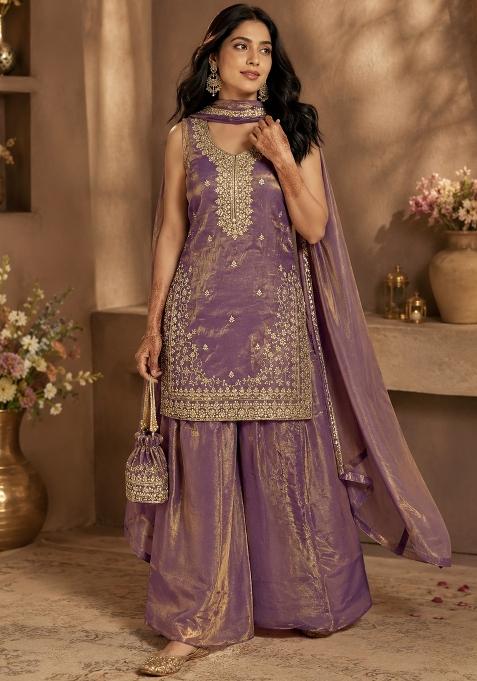Purple Thread Work Silk Kurta Set