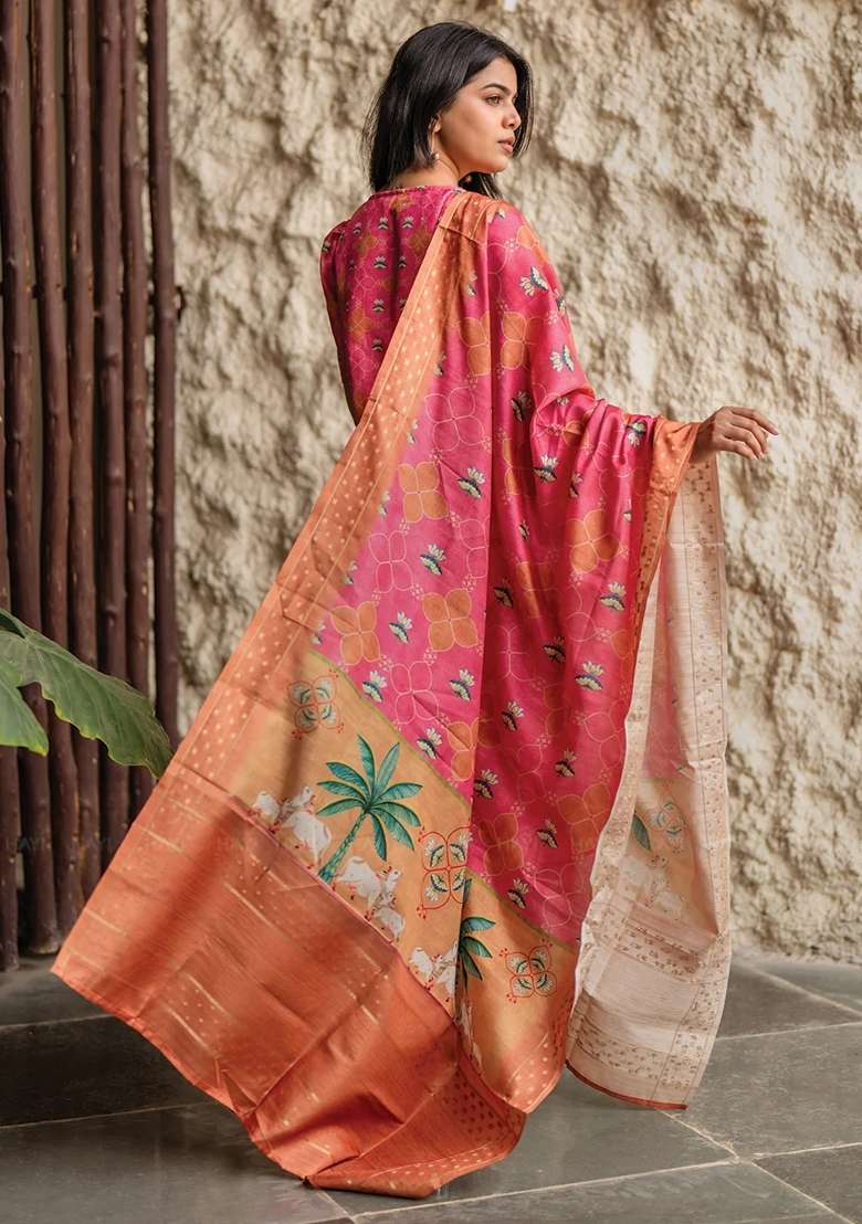 Rani Pink Floral Print Crepe Kurta Set - Indya