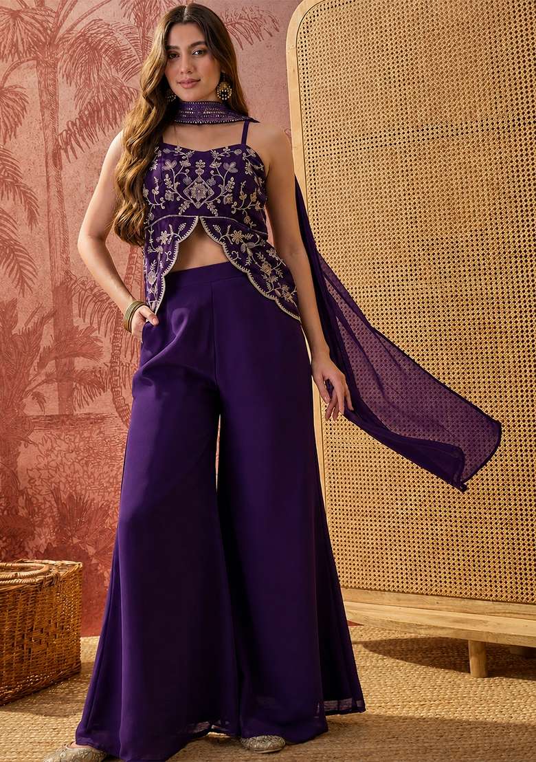 Purple Thread Work Georgette Kurta Set - Indya