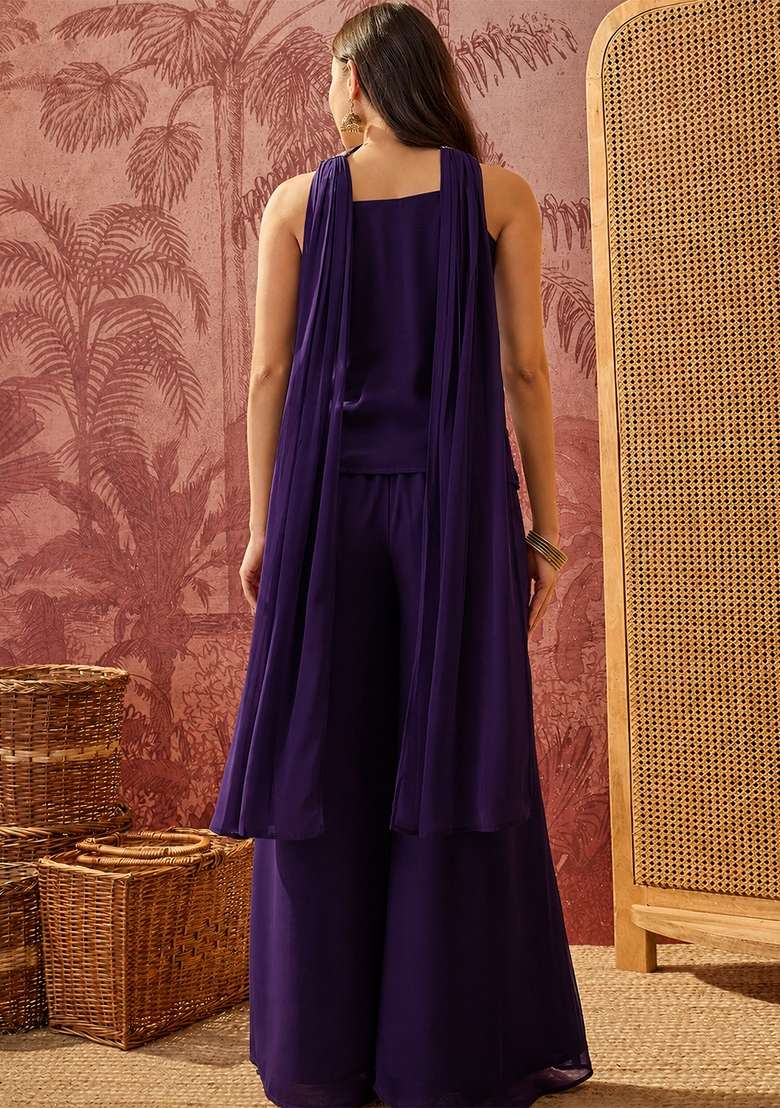Purple Thread Work Georgette Kurta Set - Indya