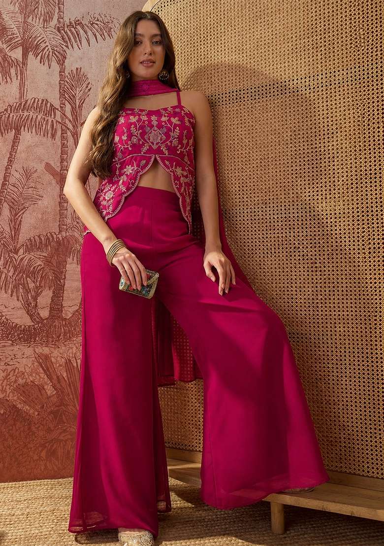 Rani Pink Thread Work Georgette Kurta Set - Indya