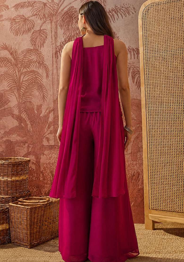 Rani Pink Thread Work Georgette Kurta Set - Indya