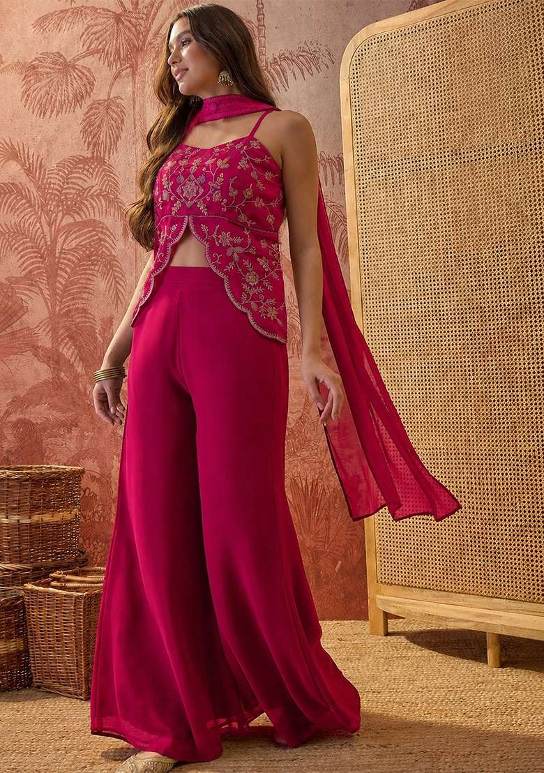 Rani Pink Thread Work Georgette Kurta Set - Indya
