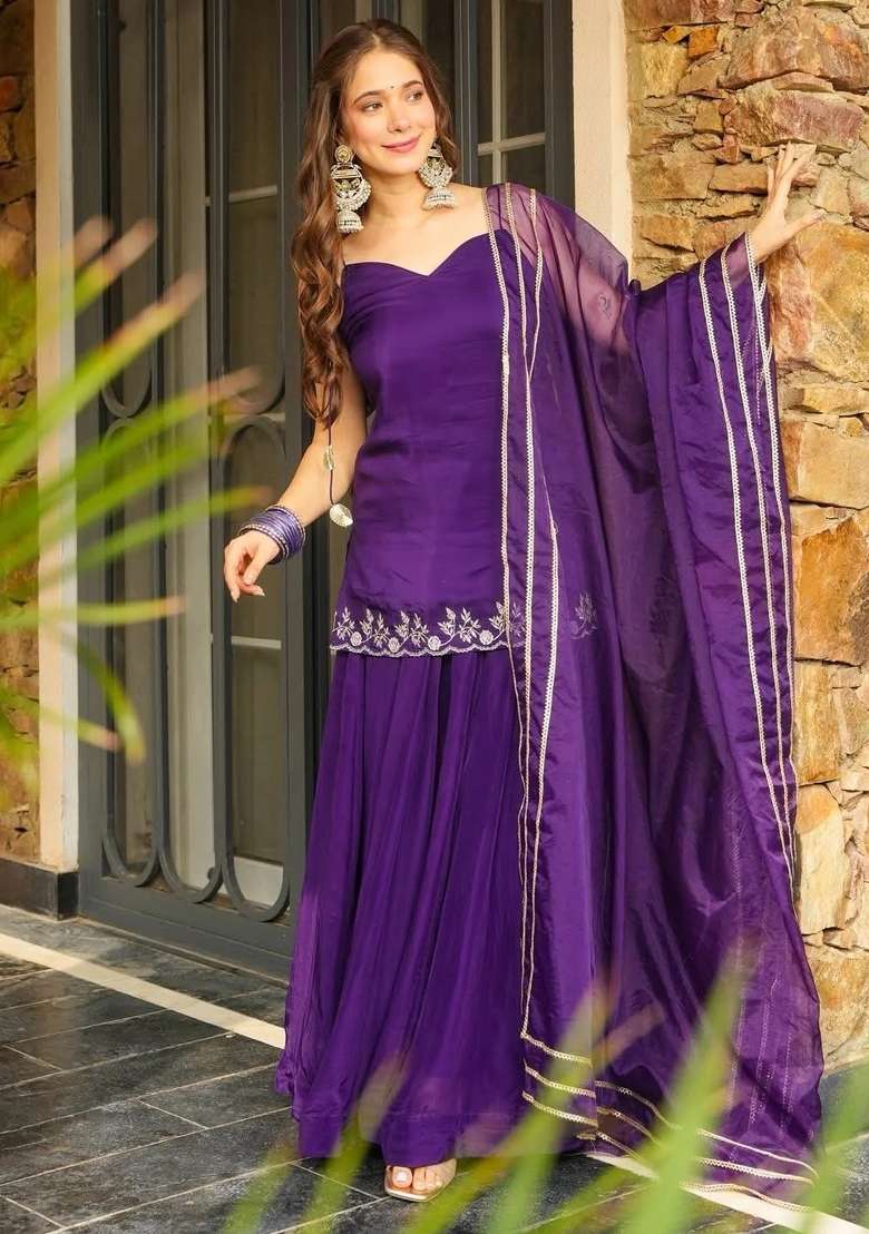 Purple Thread Work Silk Kurta Set - Indya