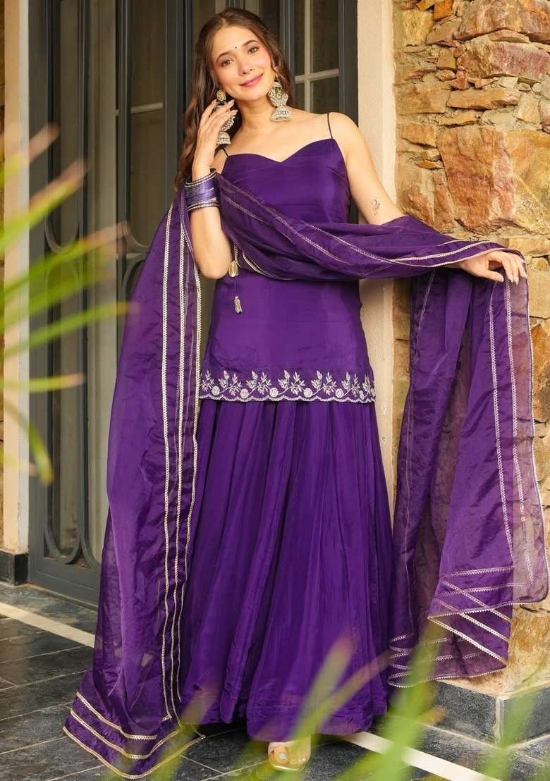 Purple Thread Work Silk Kurta Set - Indya