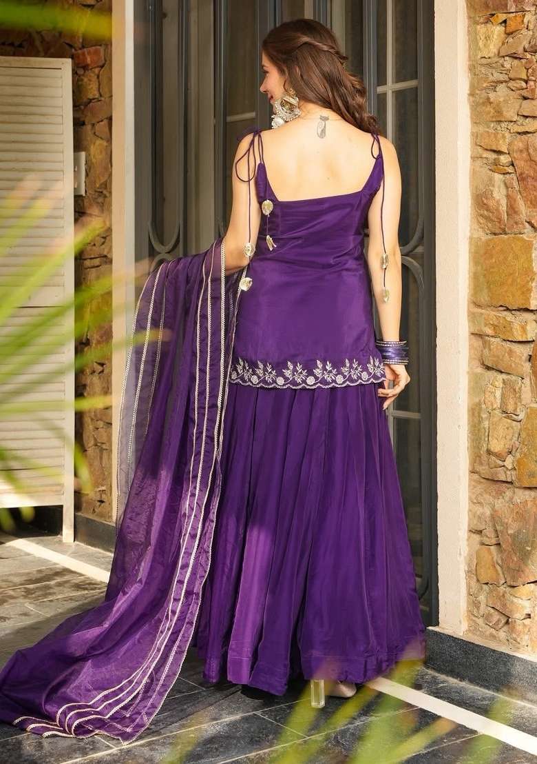 Purple Thread Work Silk Kurta Set - Indya