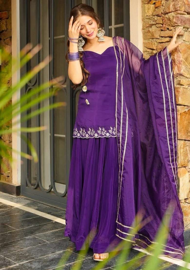 Purple Thread Work Silk Kurta Set - Indya