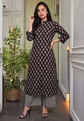 Black Floral Print Cotton Kurta Set