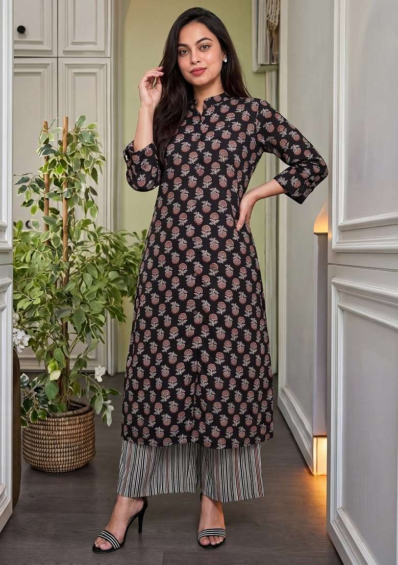 Black Floral Print Cotton Kurta Set - Indya