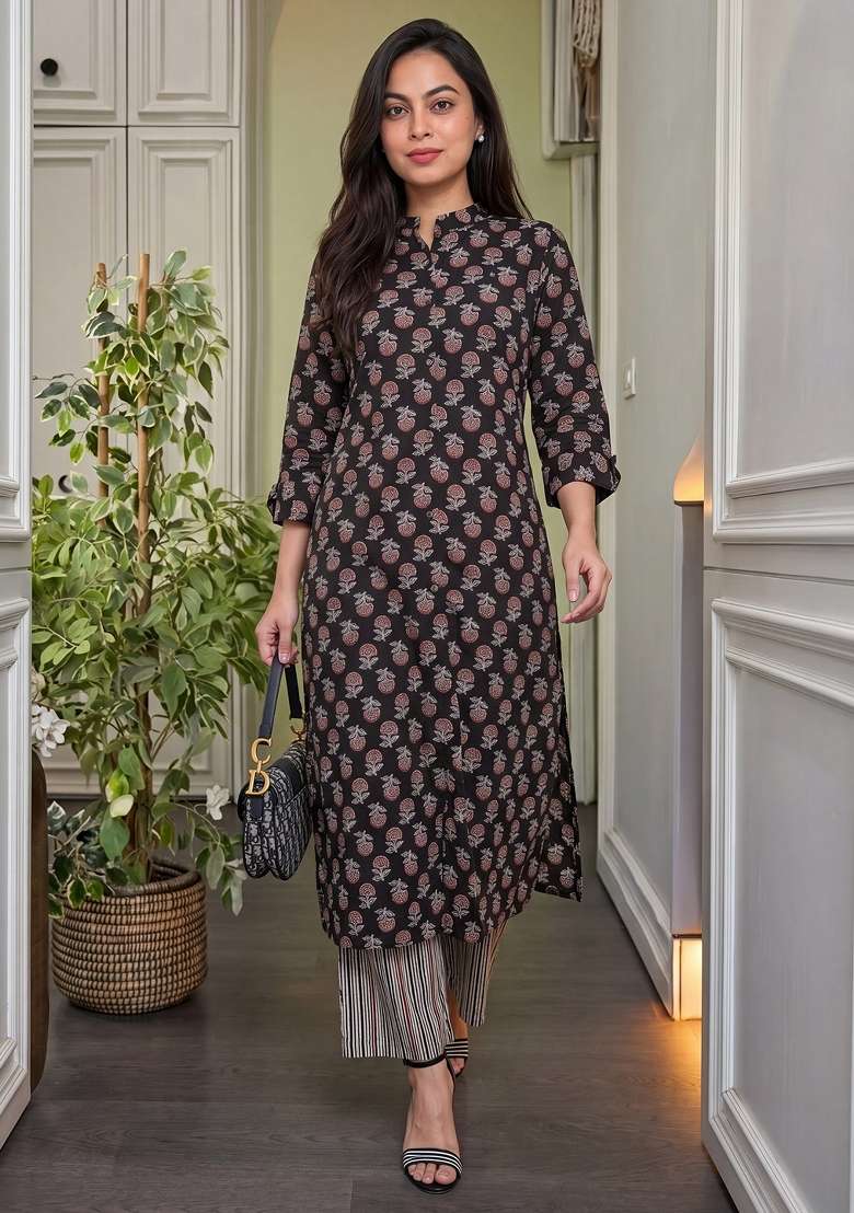 Black Floral Print Cotton Kurta Set - Indya