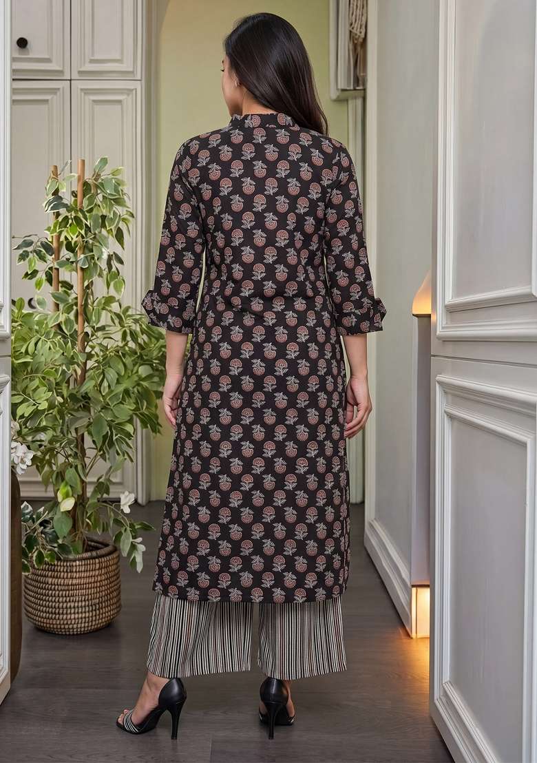 Black Floral Print Cotton Kurta Set - Indya