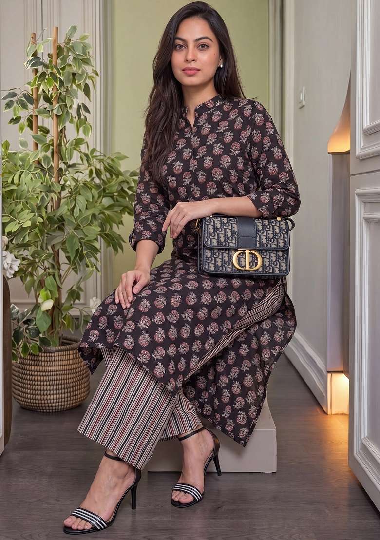 Black Floral Print Cotton Kurta Set - Indya