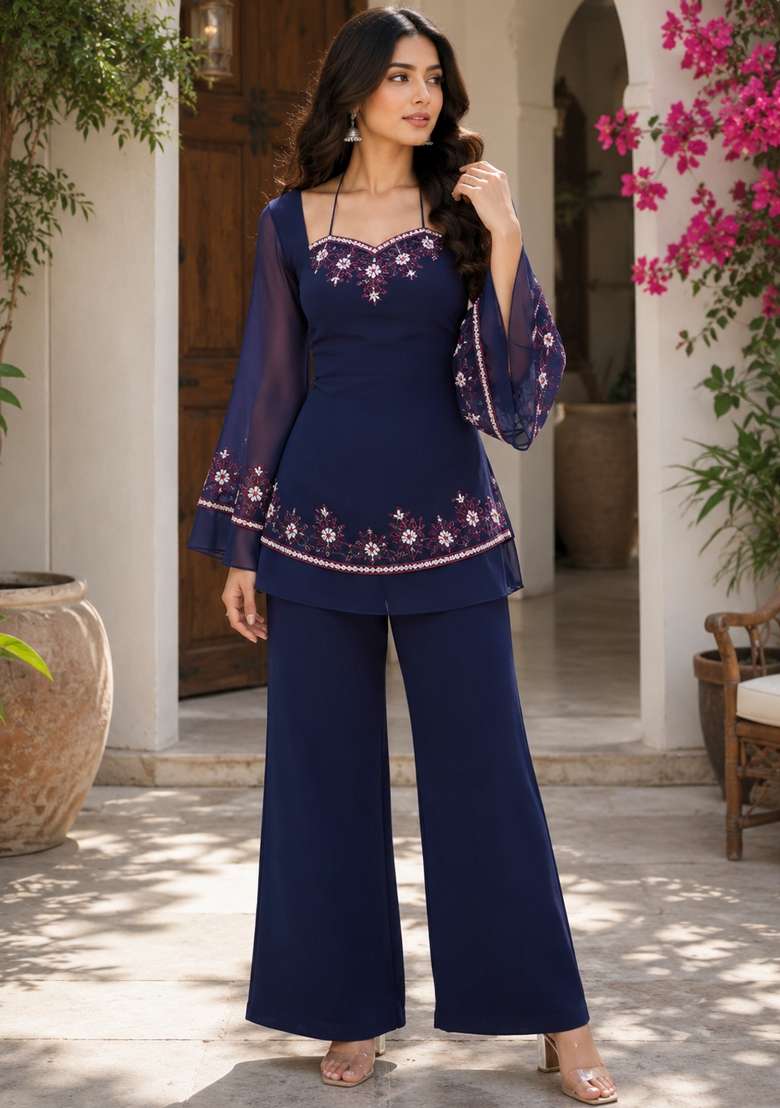 Navy Blue Thread Work Georgette Kurta Set - Indya