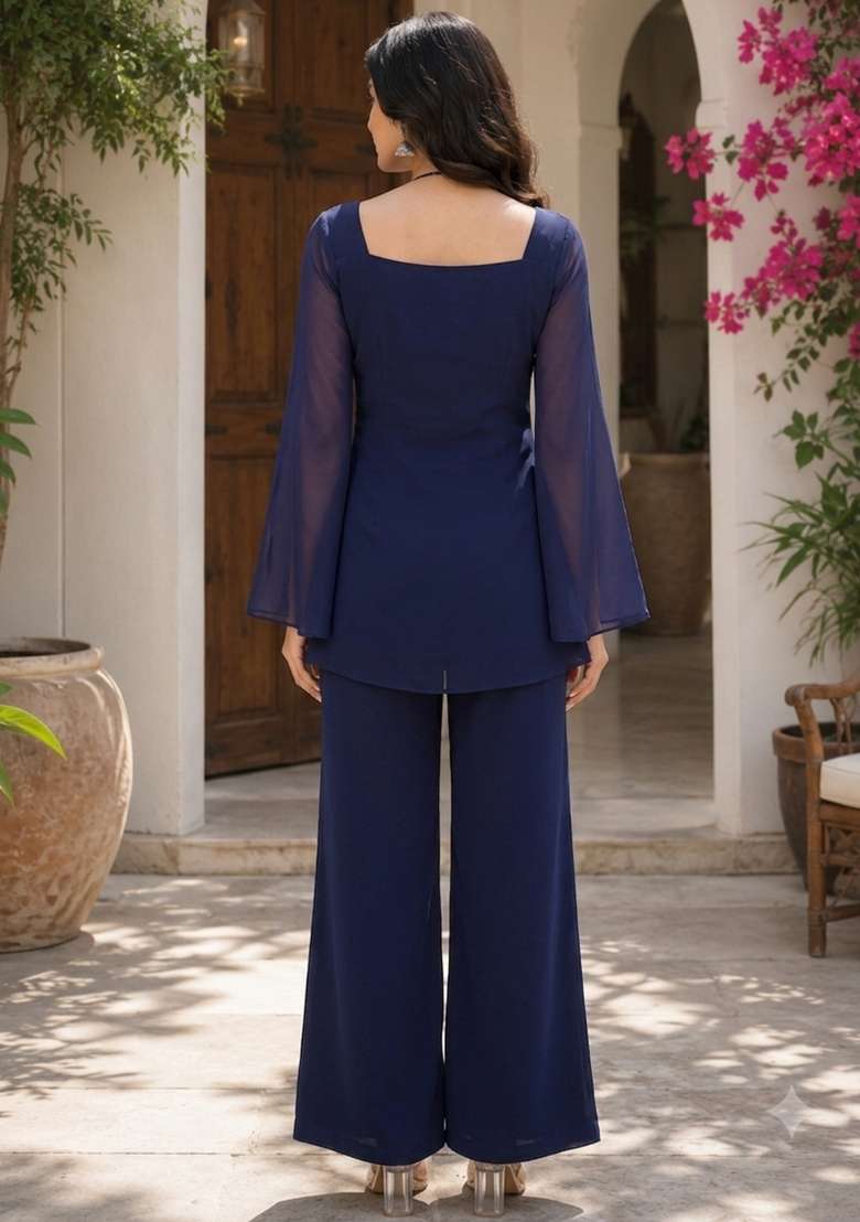 Navy Blue Thread Work Georgette Kurta Set - Indya