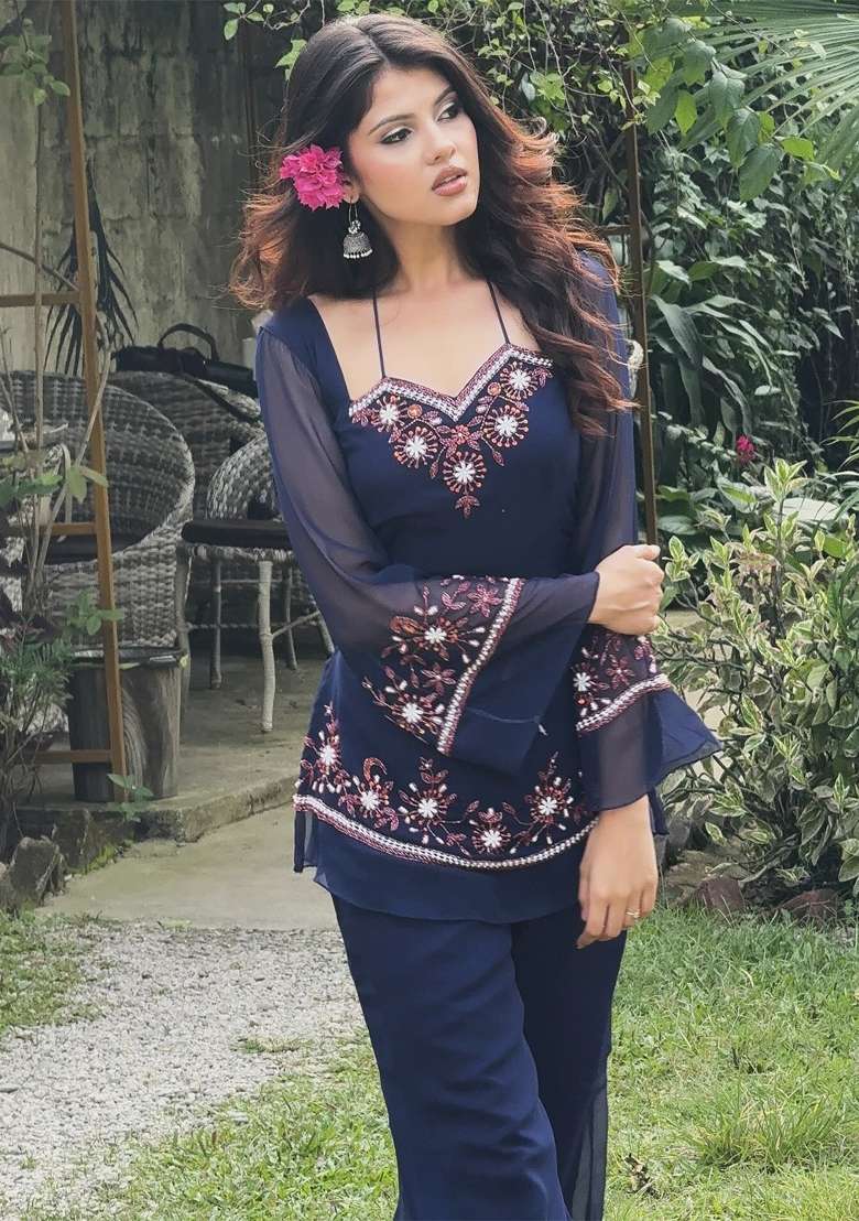Navy Blue Thread Work Georgette Kurta Set - Indya