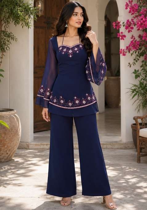 Navy Blue Thread Work Georgette Kurta Set