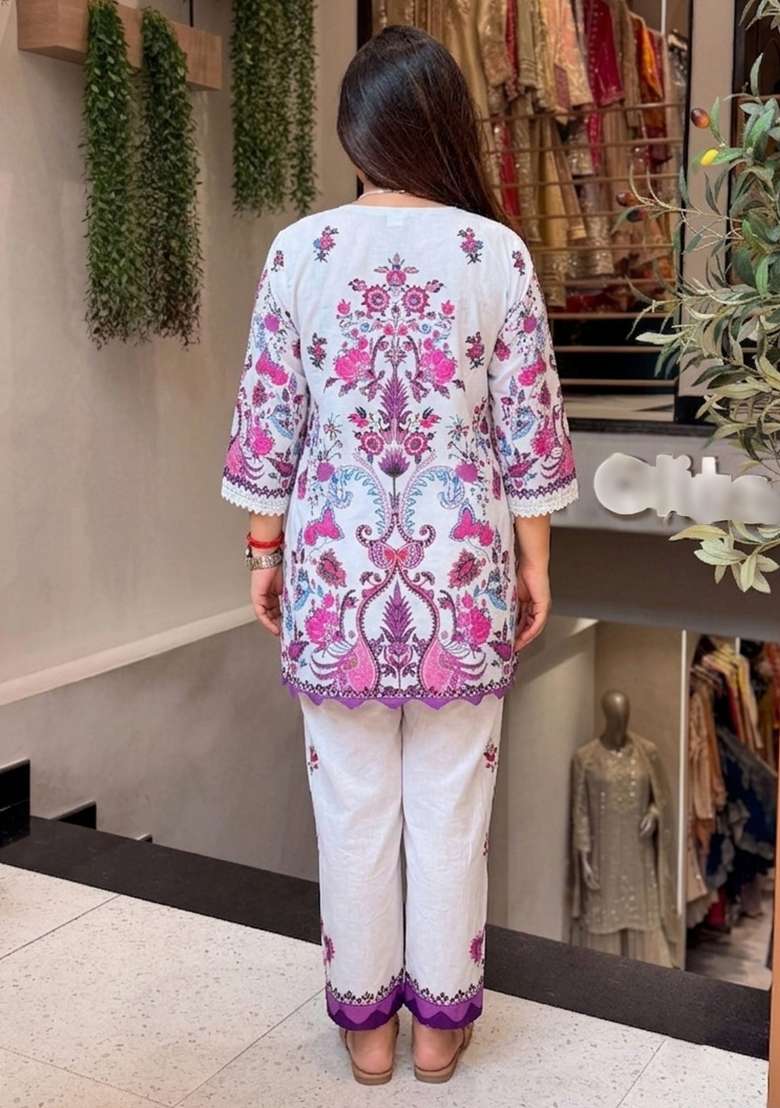 Off White Floral Print Cotton Kurta Set - Indya