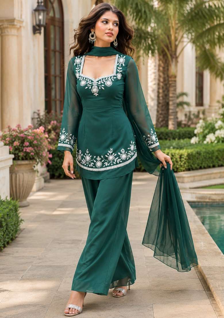 Green Thread Work Georgette Kurta Set - Indya
