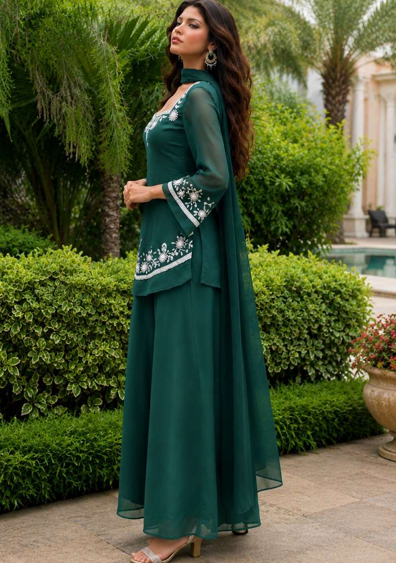 Green Thread Work Georgette Kurta Set - Indya