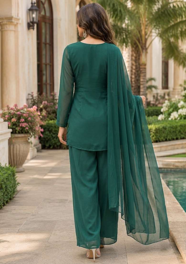 Green Thread Work Georgette Kurta Set - Indya