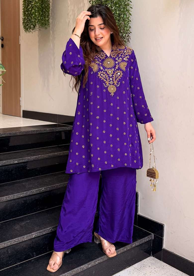 Purple Thread Work Silk Kurta Set - Indya