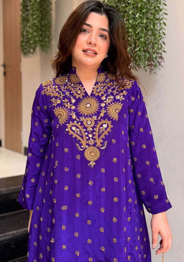 Purple Thread Work Silk Kurta Set - Indya