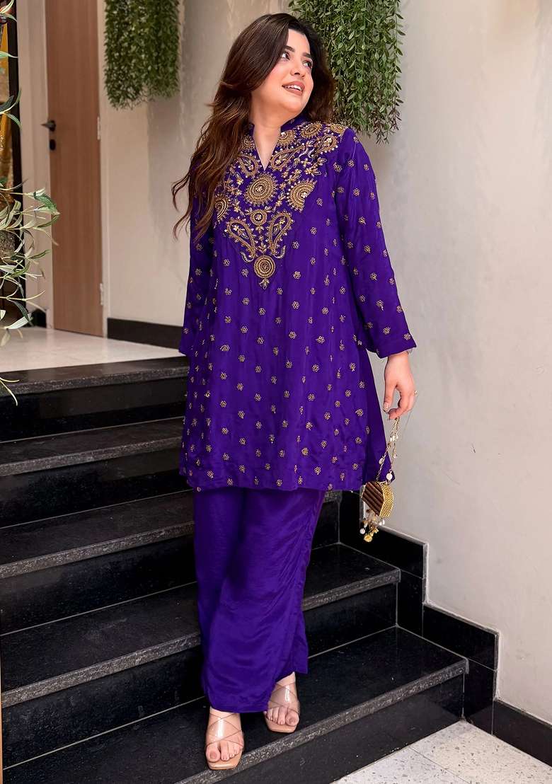 Purple Thread Work Silk Kurta Set - Indya