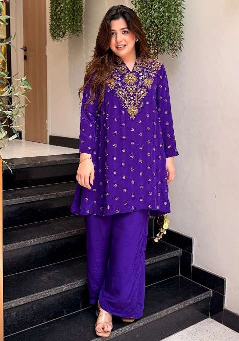 Purple Thread Work Silk Kurta Set