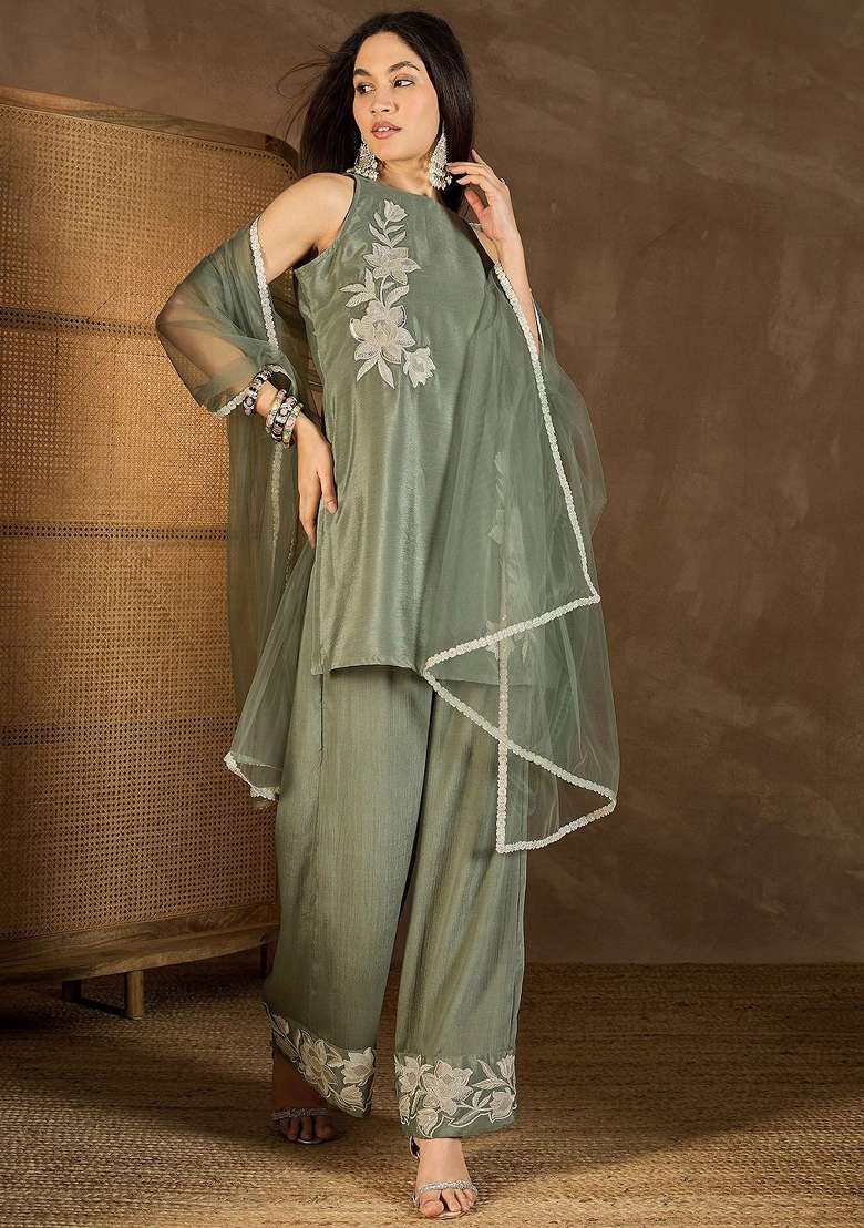 Mehendi Thread Work Chinon Kurta Set - Indya