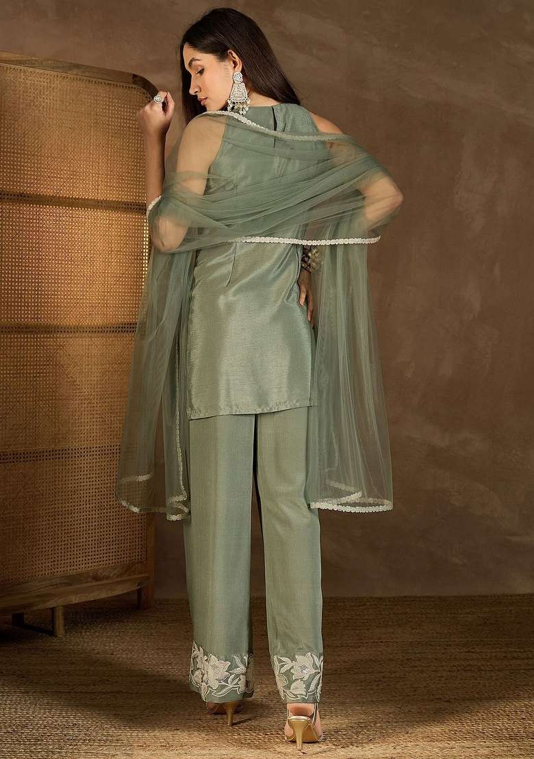 Mehendi Thread Work Chinon Kurta Set - Indya
