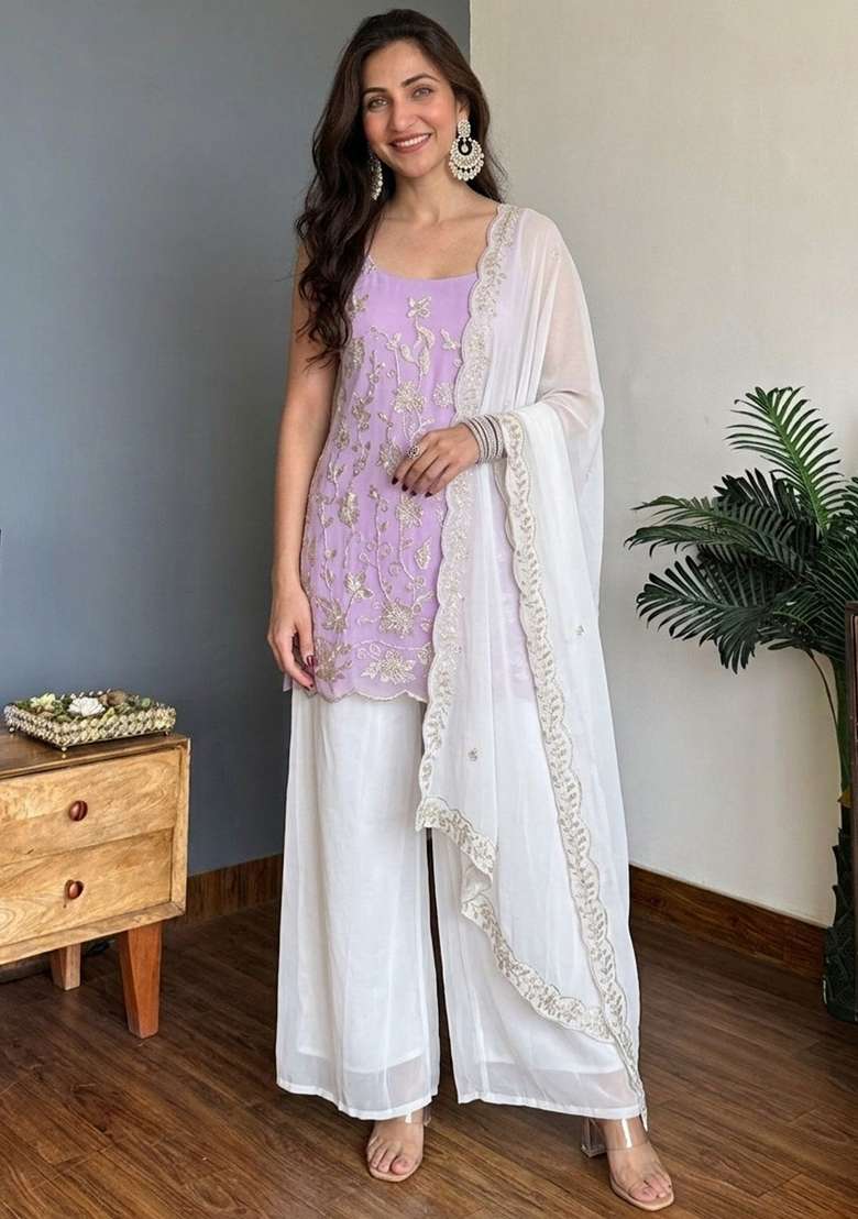 Lavender Thread Work Georgette Kurta Set - Indya