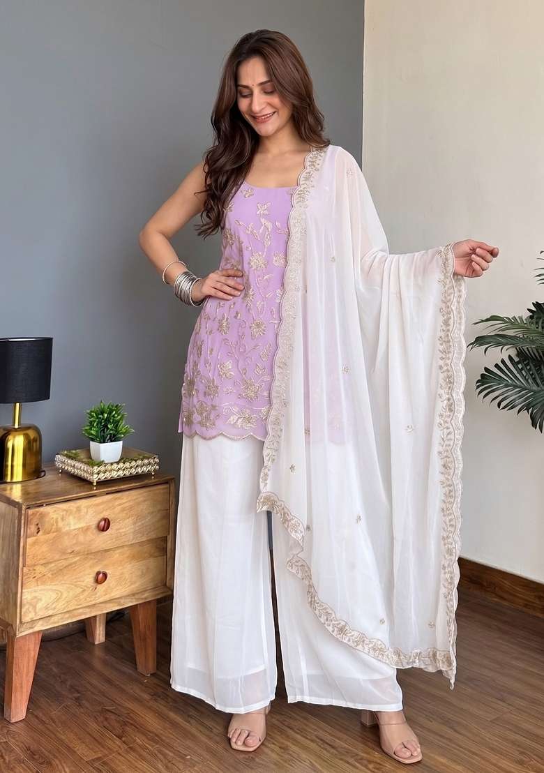 Lavender Thread Work Georgette Kurta Set - Indya
